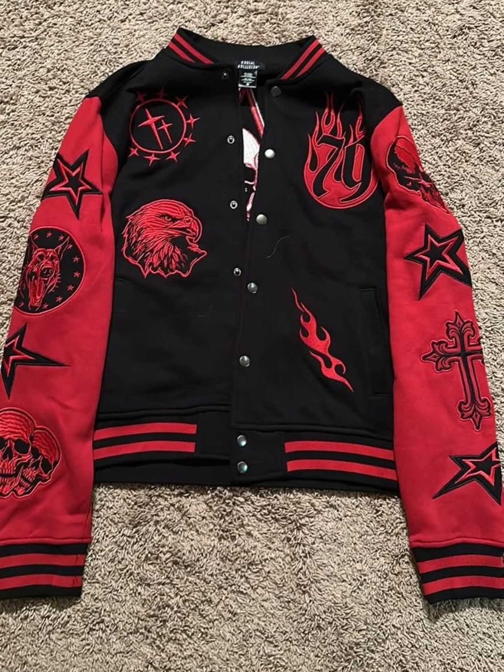 Social Collision Men's Varsity Jacket Size Medium Black/Red Skull Eagle: